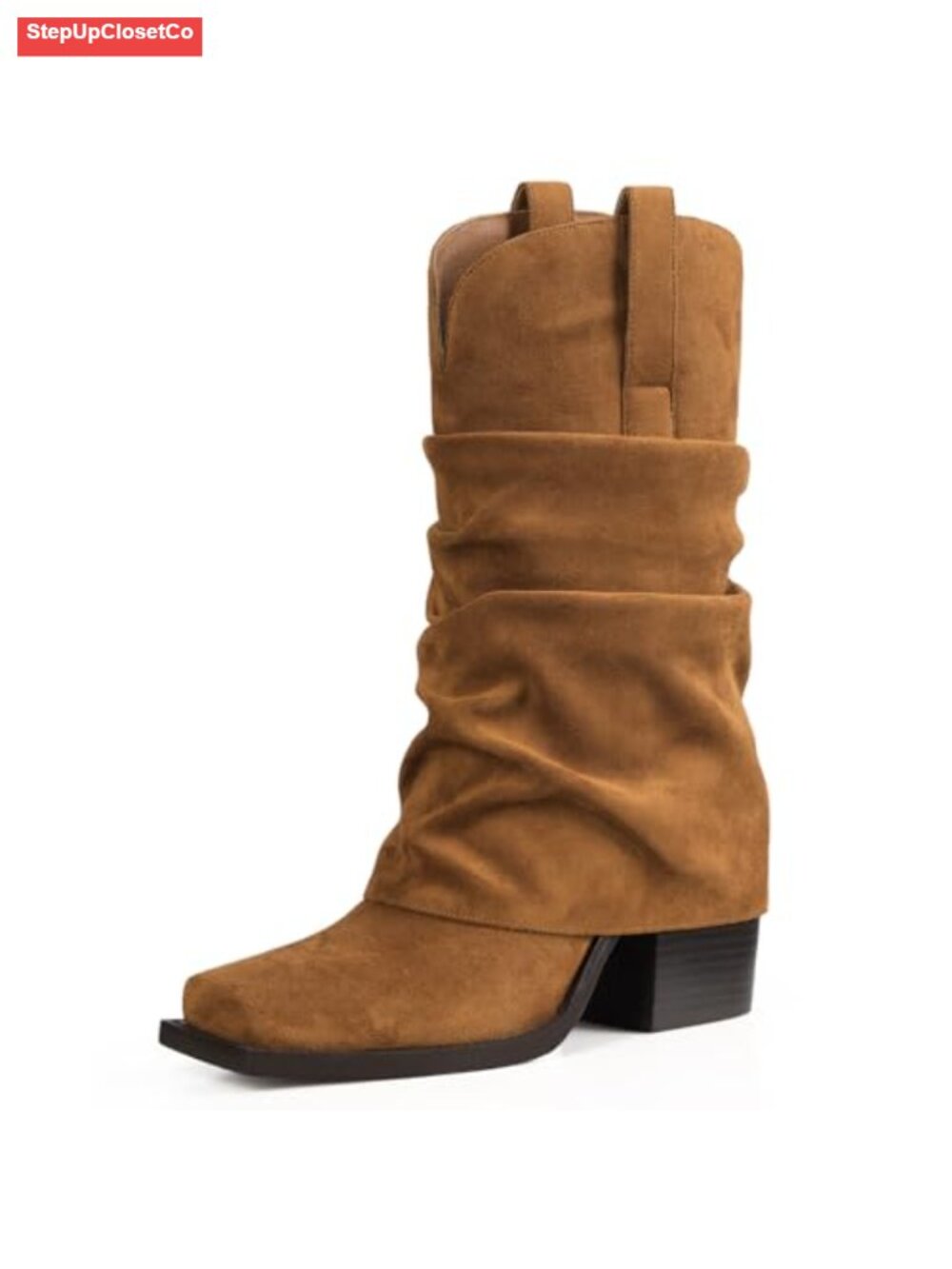 Women's Cowgirl Mid Calf Suede Boots Square Toe Chunky Heel Slouchy Fold Over